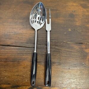 VNTG Ekco Flint Utensils Black Riveted Handles Stainless Steel Spoon Fork USA